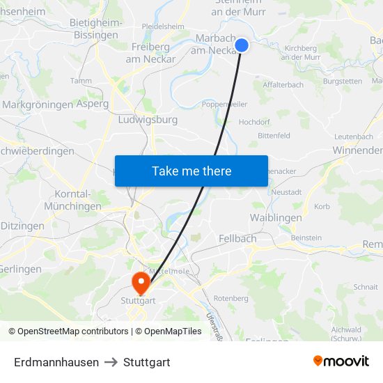 Erdmannhausen to Stuttgart map