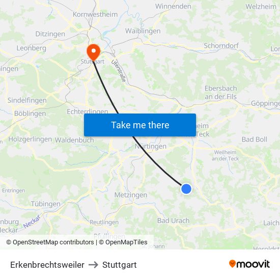 Erkenbrechtsweiler to Stuttgart map