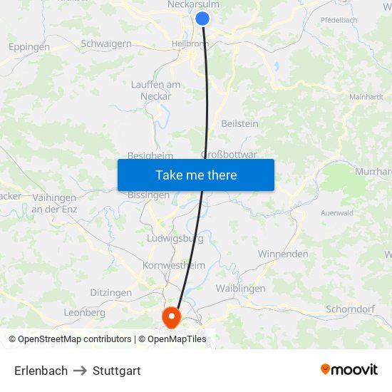 Erlenbach to Stuttgart map