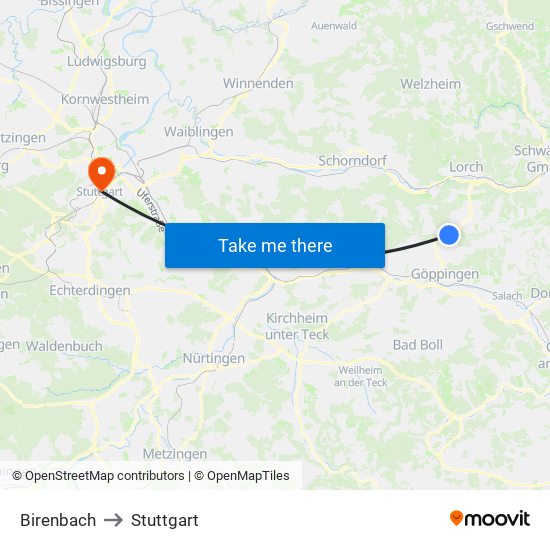 Birenbach to Stuttgart map