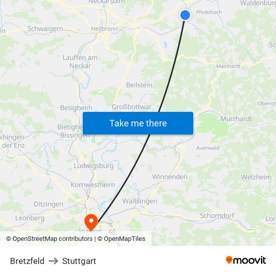Bretzfeld to Stuttgart map