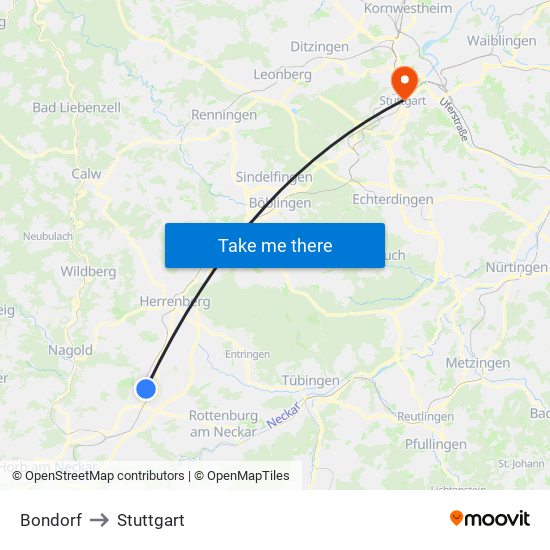 Bondorf to Stuttgart map