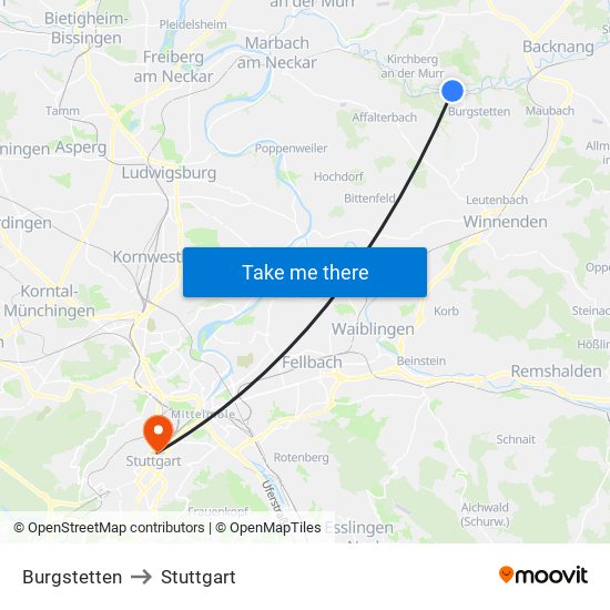 Burgstetten to Stuttgart map