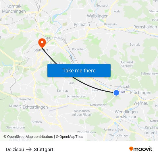 Deizisau to Stuttgart map