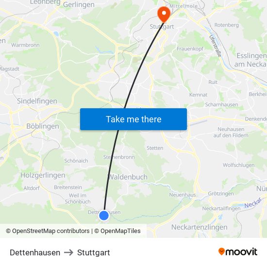 Dettenhausen to Stuttgart map