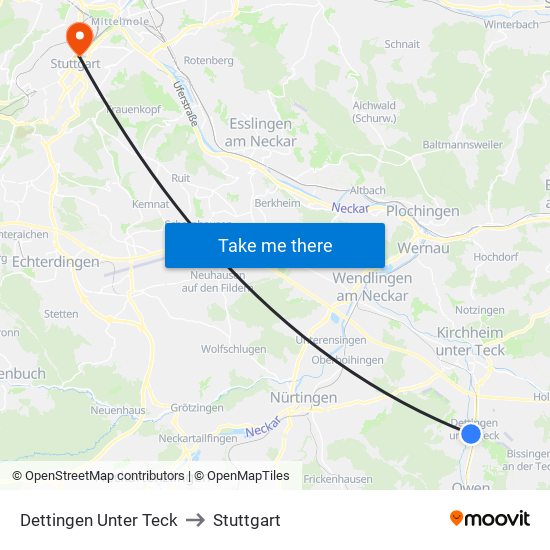 Dettingen Unter Teck to Stuttgart map