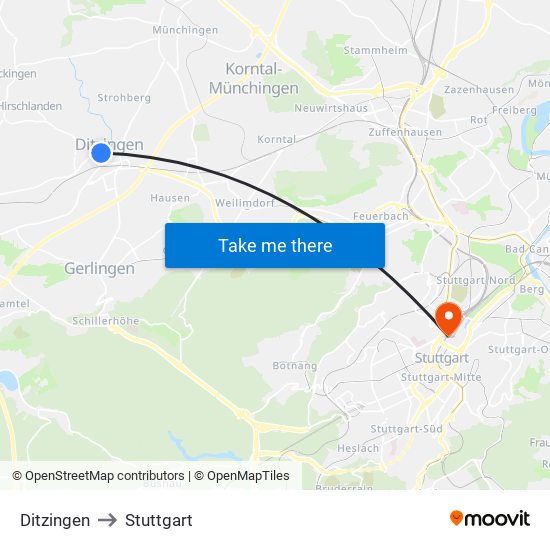 Ditzingen to Stuttgart map