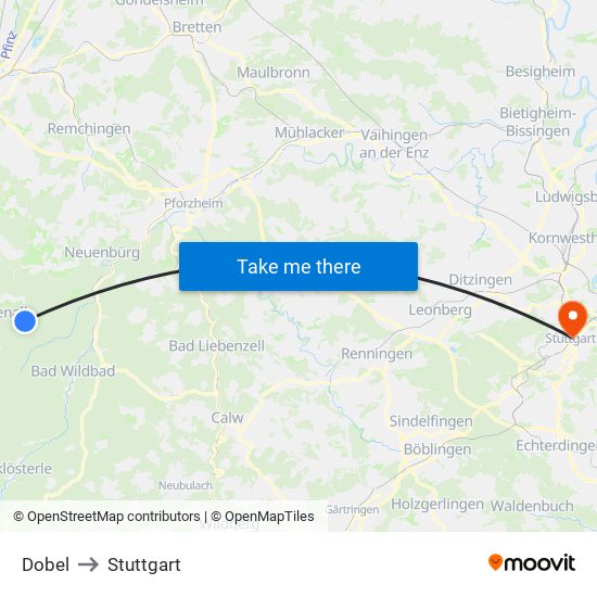 Dobel to Stuttgart map