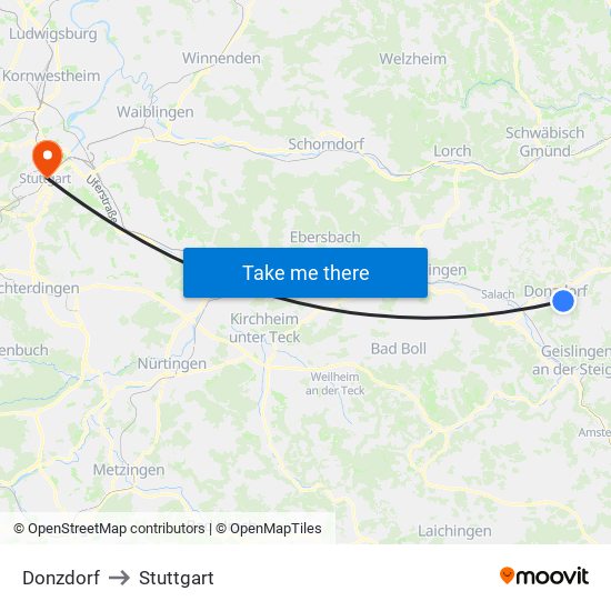 Donzdorf to Stuttgart map