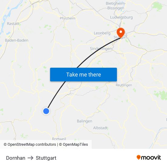 Dornhan to Stuttgart map