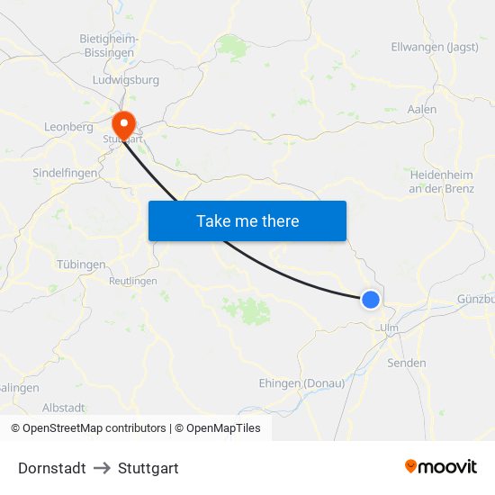 Dornstadt to Stuttgart map