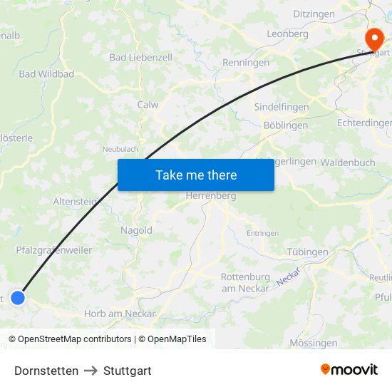 Dornstetten to Stuttgart map