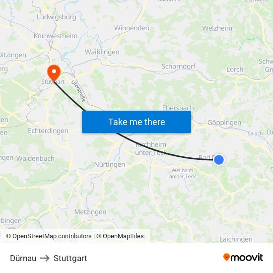 Dürnau to Stuttgart map