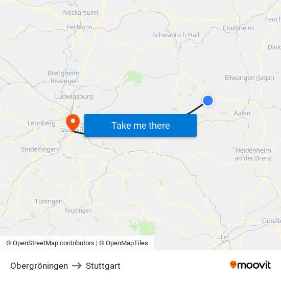 Obergröningen to Stuttgart map