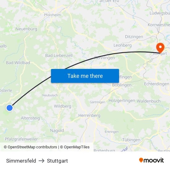Simmersfeld to Stuttgart map