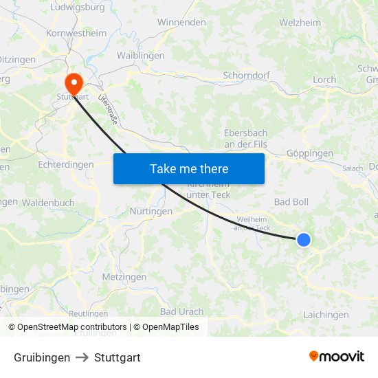 Gruibingen to Stuttgart map