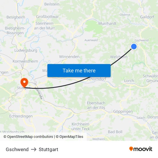 Gschwend to Stuttgart map