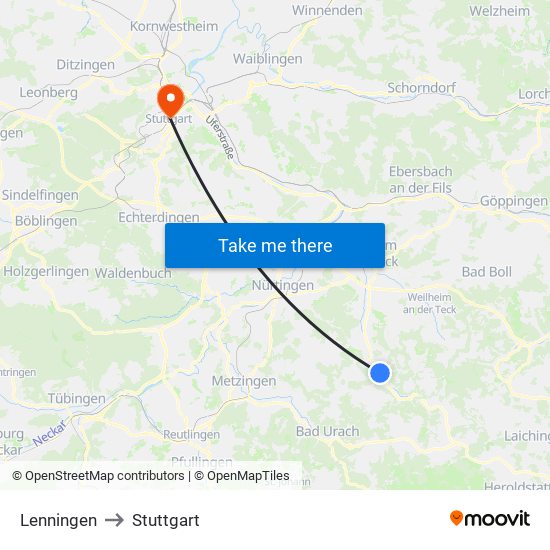 Lenningen to Stuttgart map