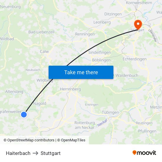 Haiterbach to Stuttgart map