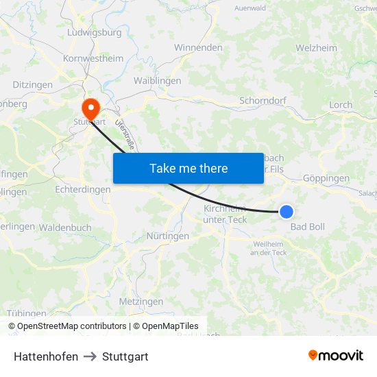 Hattenhofen to Stuttgart map