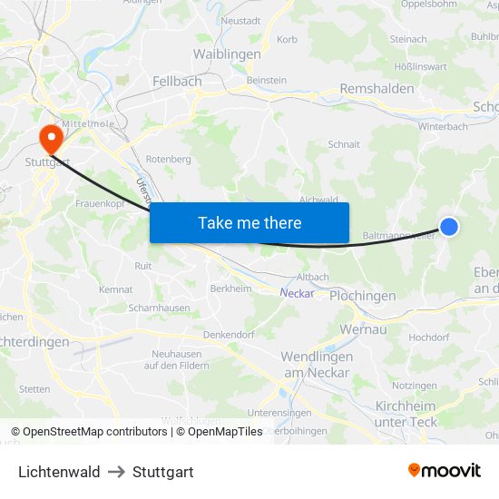 Lichtenwald to Stuttgart map