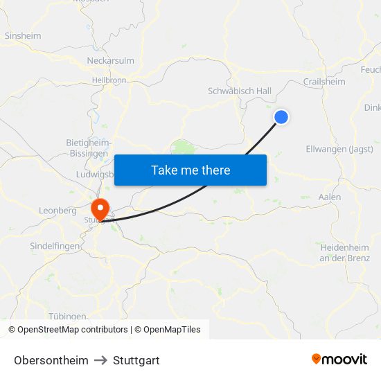 Obersontheim to Stuttgart map
