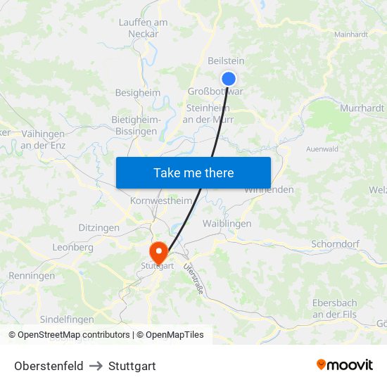 Oberstenfeld to Stuttgart map