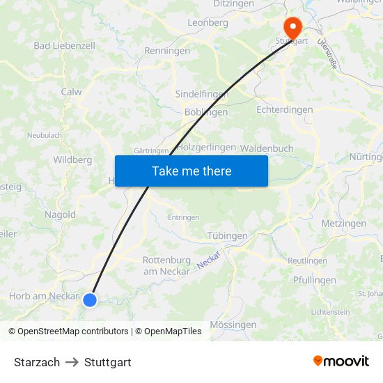 Starzach to Stuttgart map