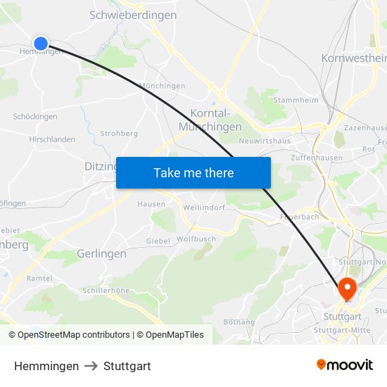 Hemmingen to Stuttgart map