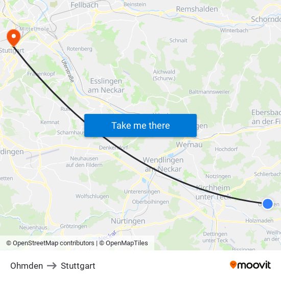 Ohmden to Stuttgart map