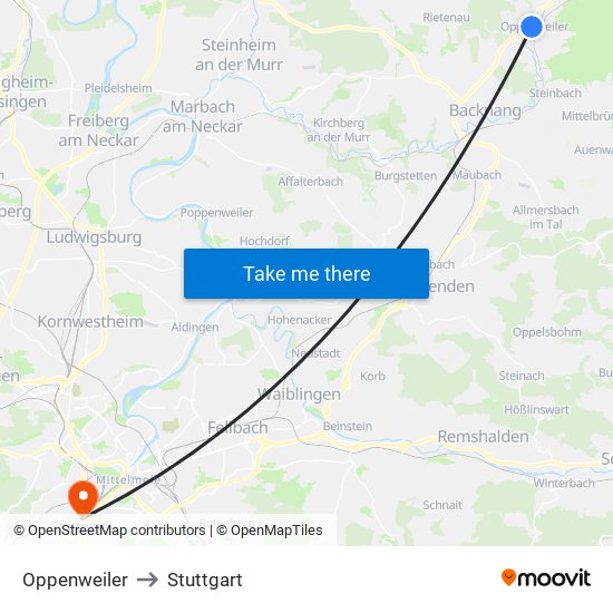 Oppenweiler to Stuttgart map