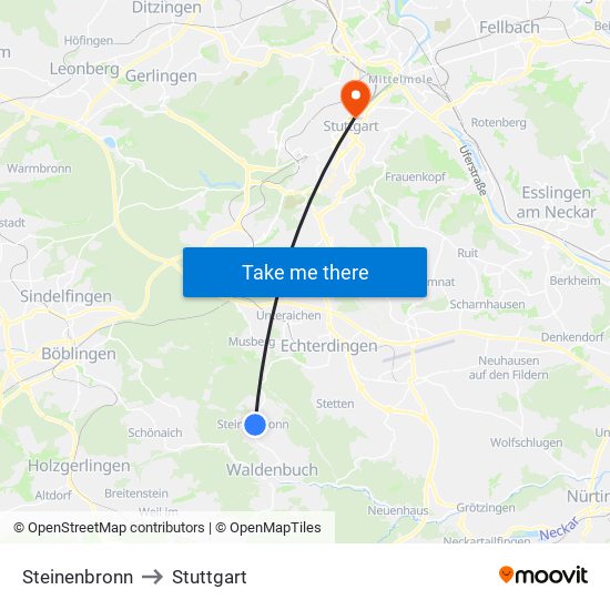 Steinenbronn to Stuttgart map