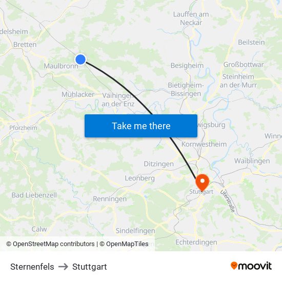 Sternenfels to Stuttgart map