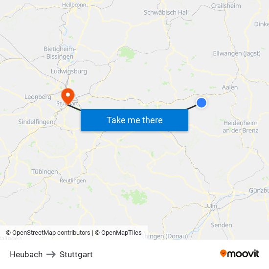 Heubach to Stuttgart map