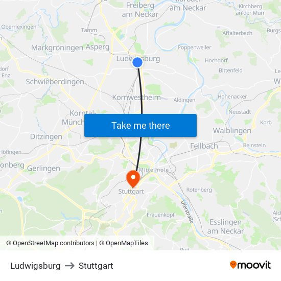 Ludwigsburg to Stuttgart map