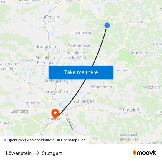 Löwenstein to Stuttgart map