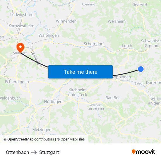 Ottenbach to Stuttgart map