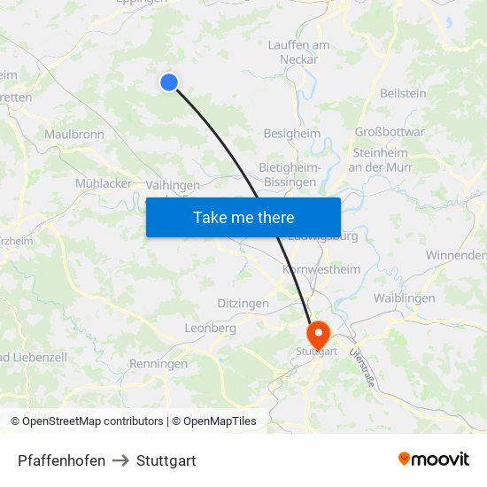 Pfaffenhofen to Stuttgart map