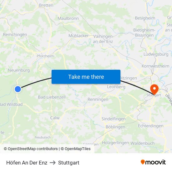 Höfen An Der Enz to Stuttgart map