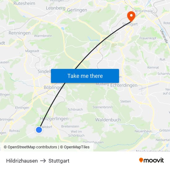 Hildrizhausen to Stuttgart map