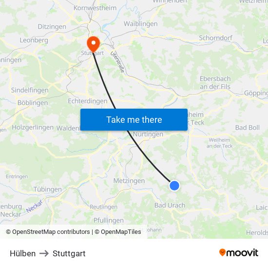 Hülben to Stuttgart map