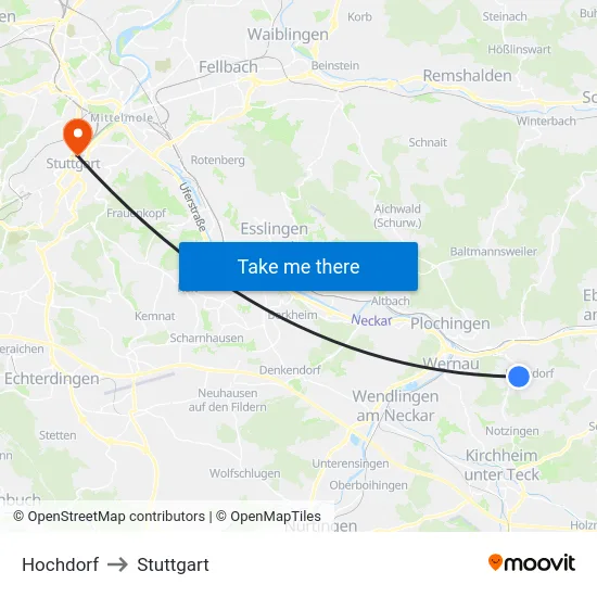Hochdorf to Stuttgart map