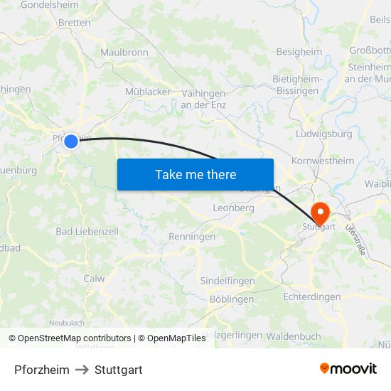 Pforzheim to Stuttgart map