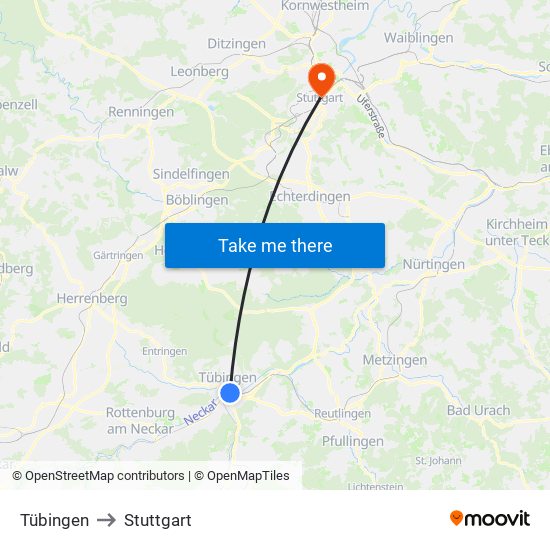 Tübingen to Stuttgart map