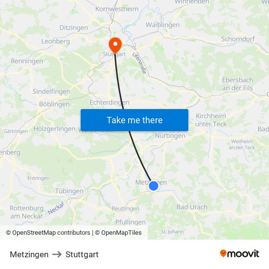Metzingen to Stuttgart map