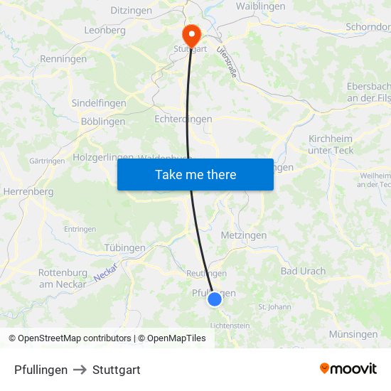 Pfullingen to Stuttgart map