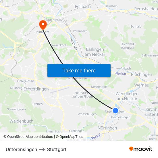 Unterensingen to Stuttgart map