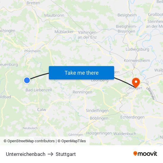 Unterreichenbach to Stuttgart map