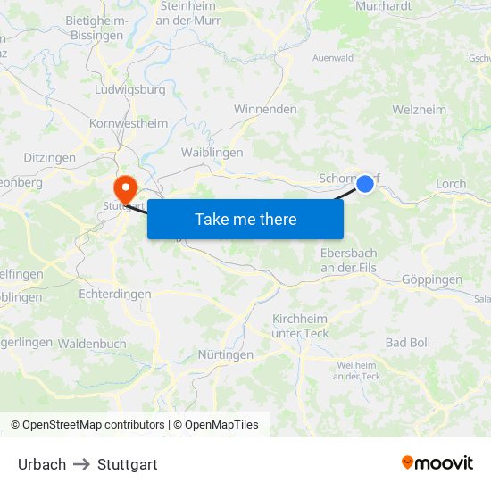 Urbach to Stuttgart map