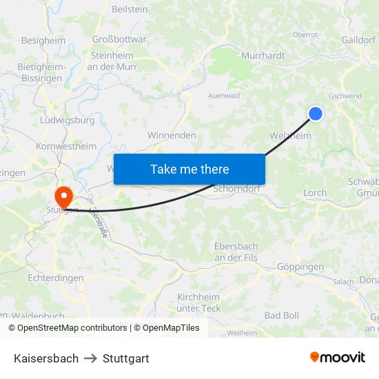 Kaisersbach to Stuttgart map
